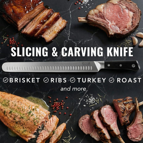 Cutluxe brisket knife slicing brisket in use to demonstrate smooth single-stroke carving advantage