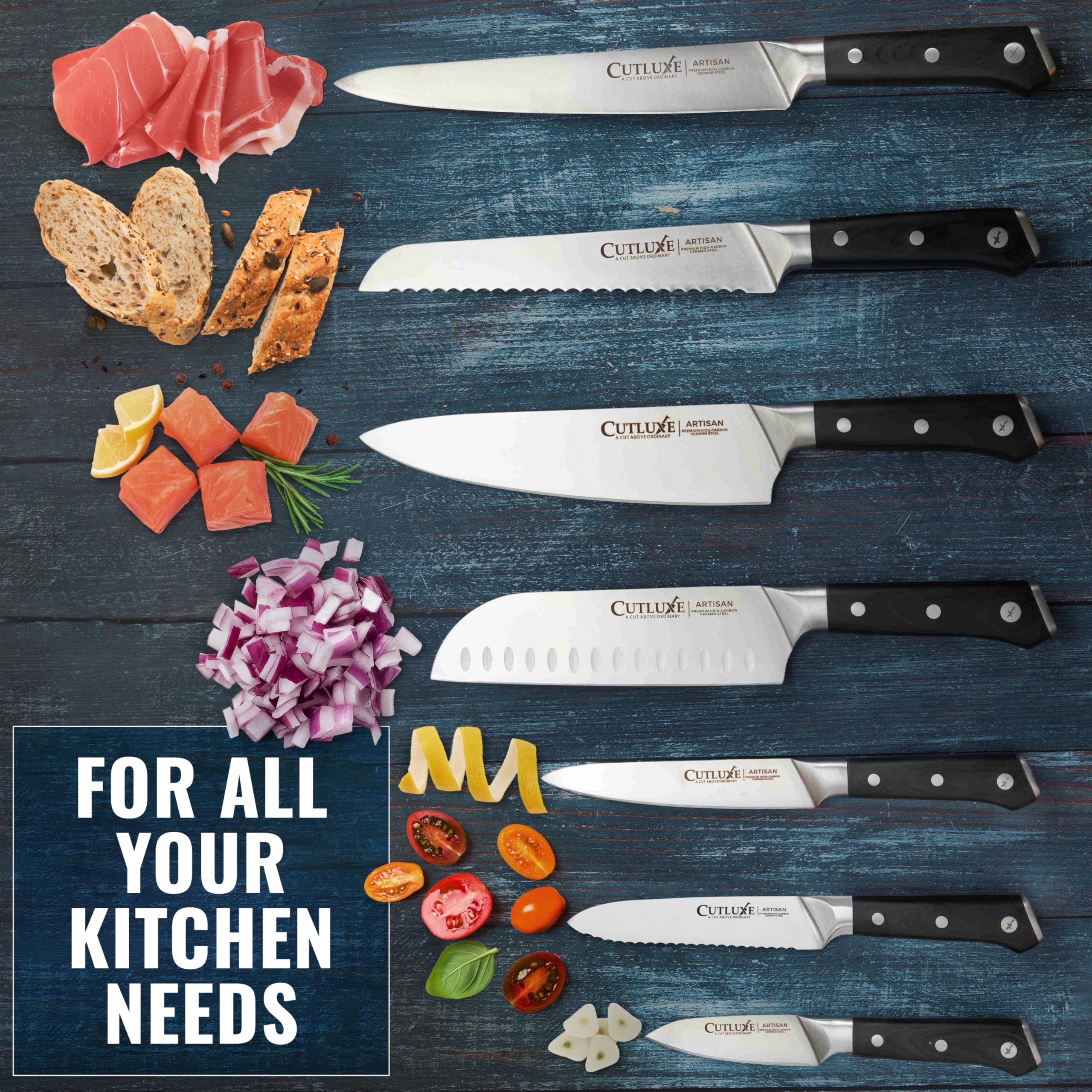 Cutluxe carving knife serving roast showcasing long blade for smooth carving