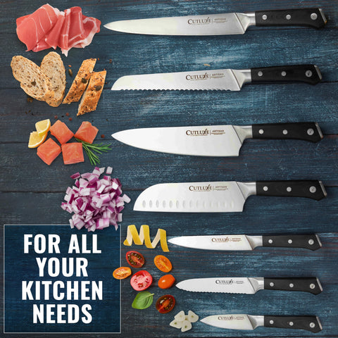 Cutluxe carving knife serving roast showcasing long blade for smooth carving