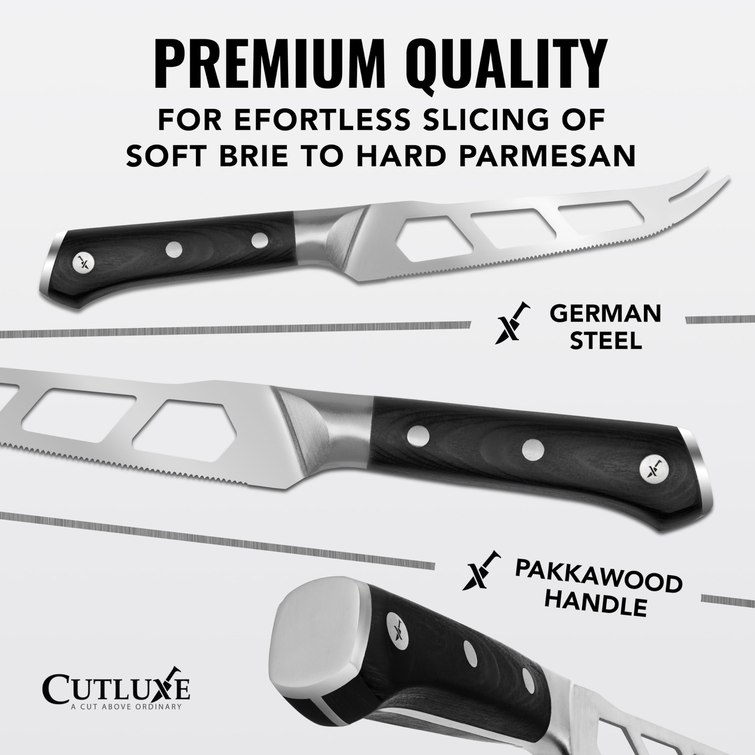 Cutluxe close-up of hollow serrated blade, non-stick slicing benefit