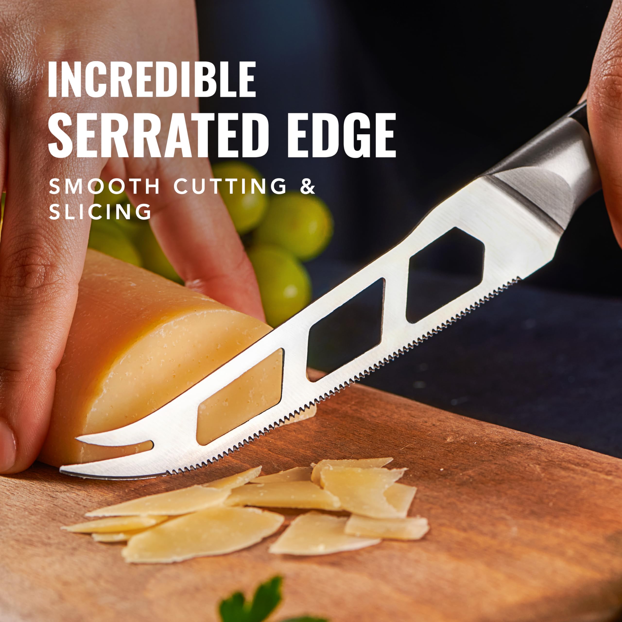 Cutluxe cutting firm Cheddar wedge, serrated edge ensures clean slices benefit