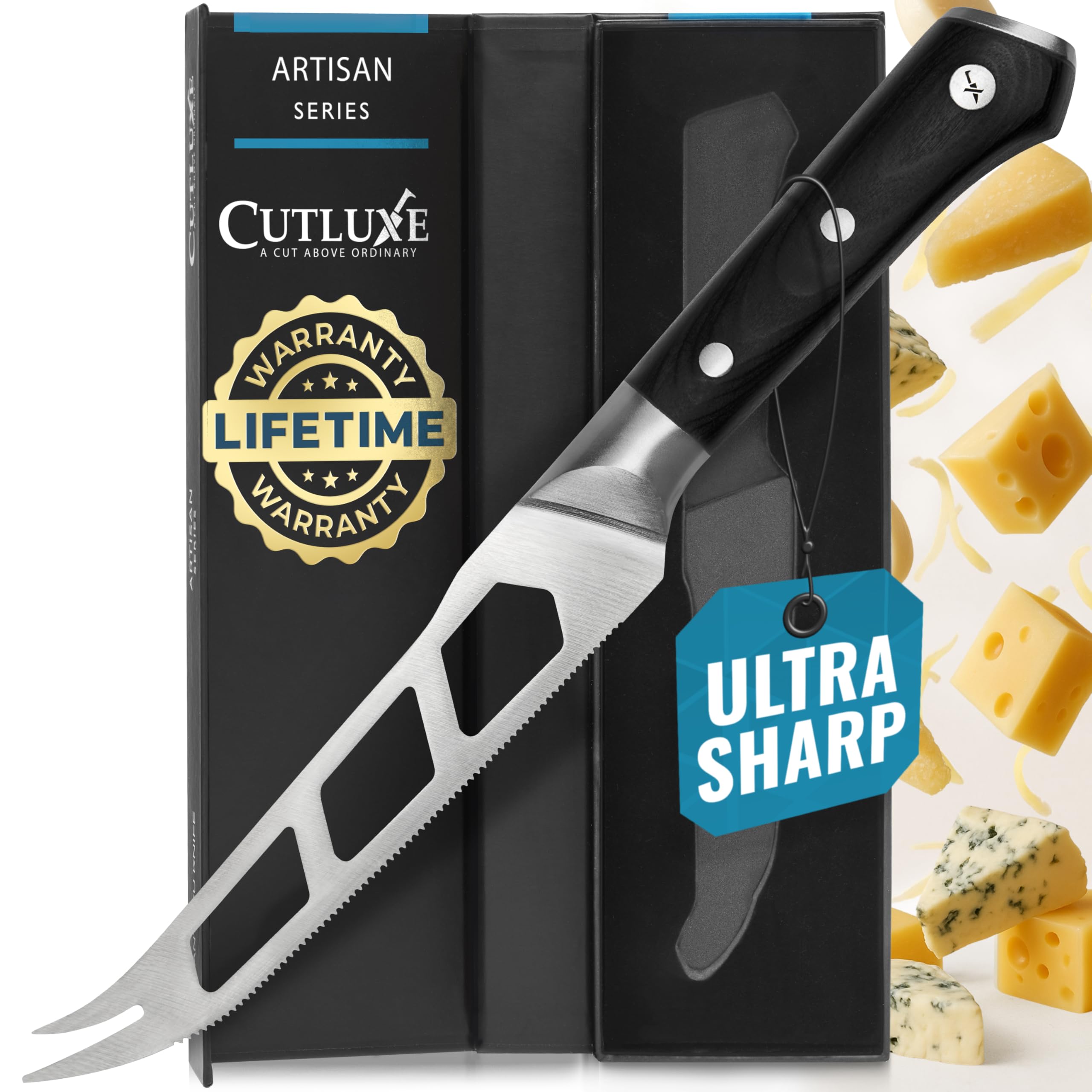 Cutluxe front view showing serrated blade and pronged tip, precise slices benefit