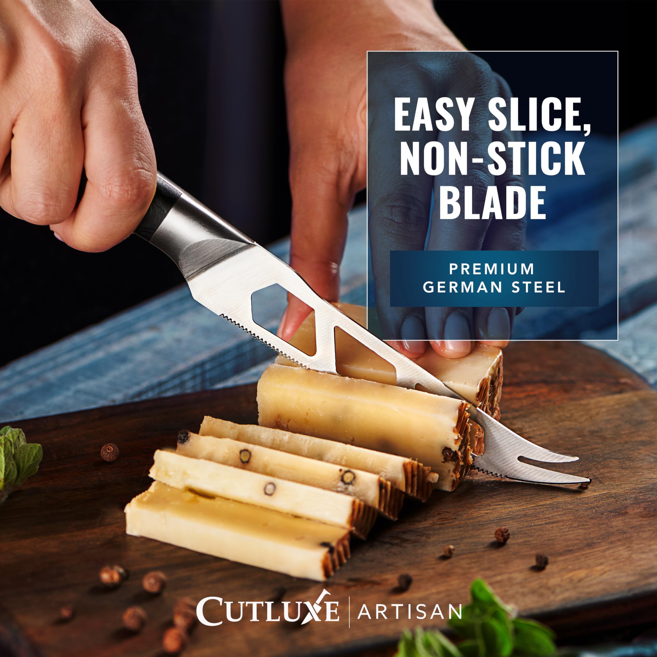 Cutluxe slicing soft Brie on board, reduces sticking and neat presentation benefit