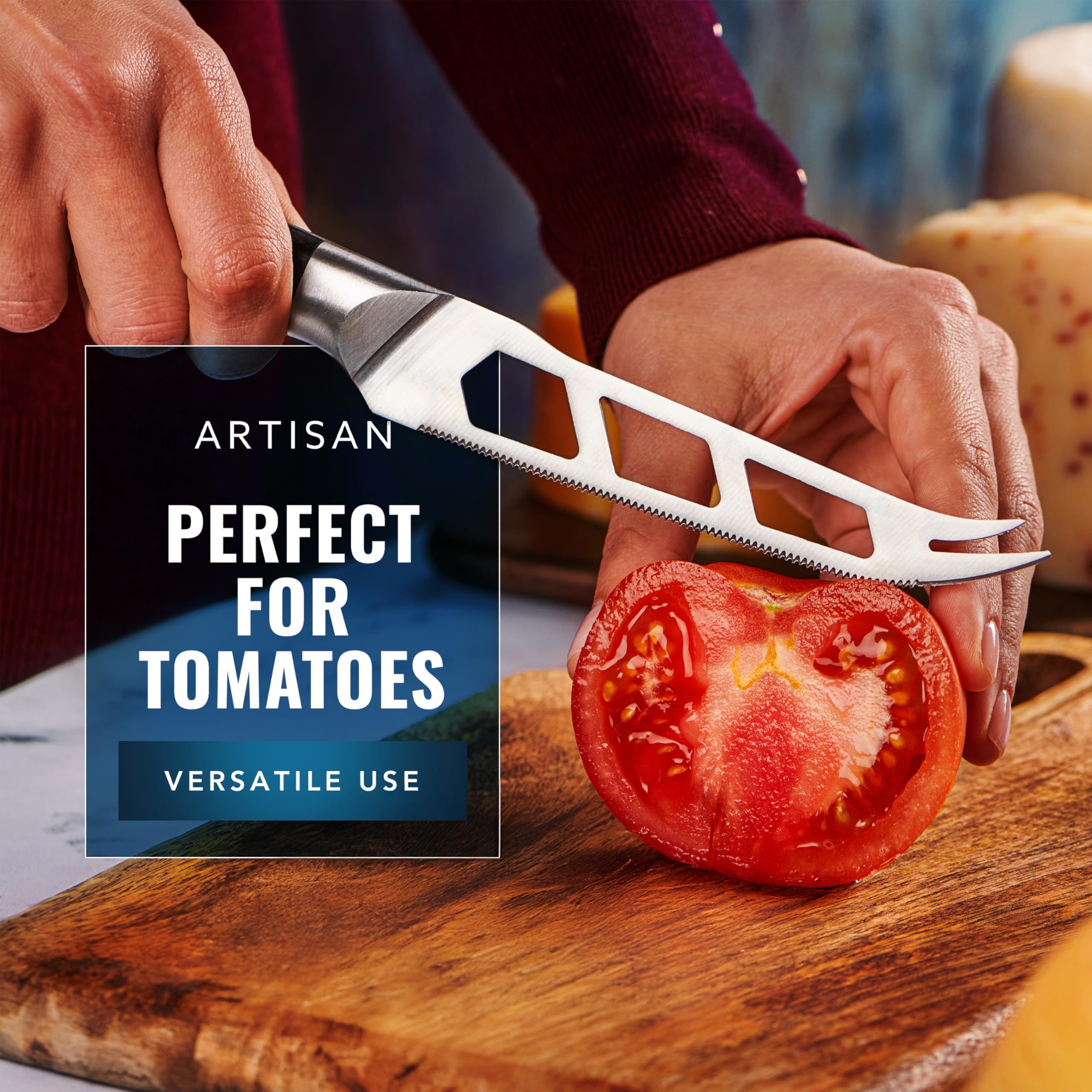 Cutluxe placed on charcuterie board with fruit, stylish entertaining benefit
