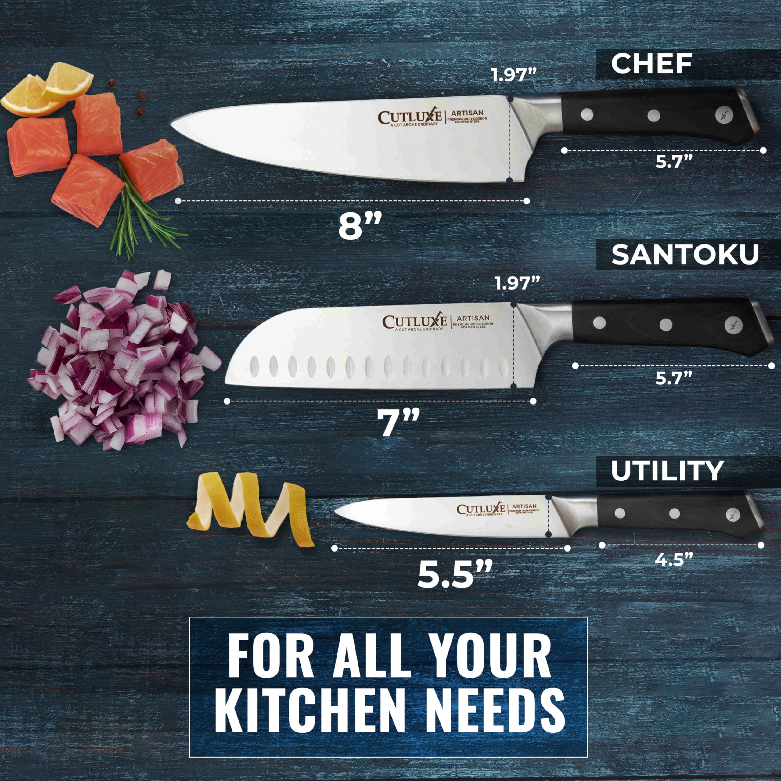 Cutluxe 8-inch chef knife blade close-up for precise slicing benefit