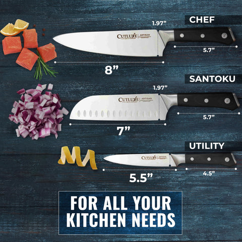 Cutluxe 8-inch chef knife blade close-up for precise slicing benefit
