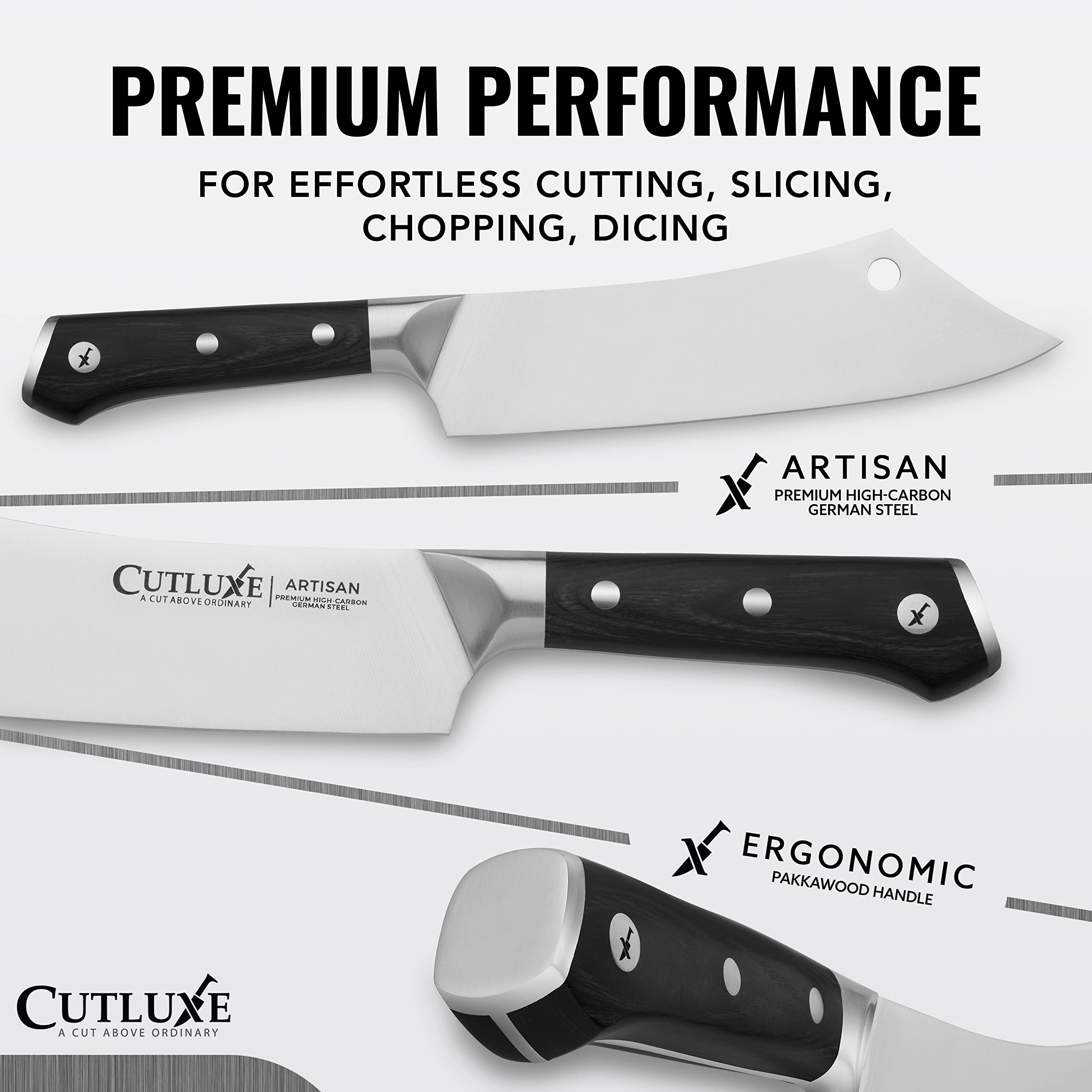 Cutluxe blade close-up highlighting German steel and sharpness benefit
