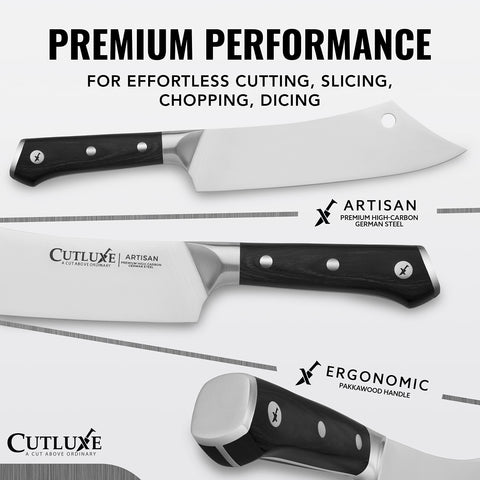 Cutluxe blade close-up highlighting German steel and sharpness benefit