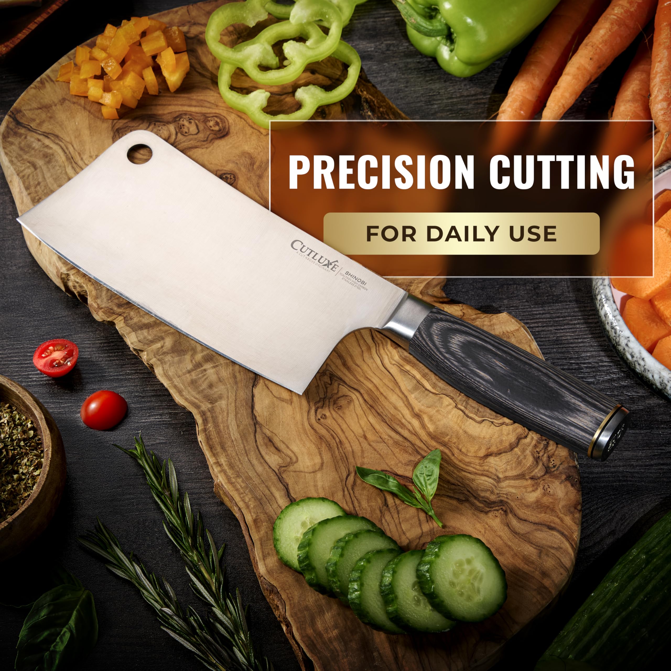 Cutluxe cleaver flat side crushing garlic for multi-use kitchen function