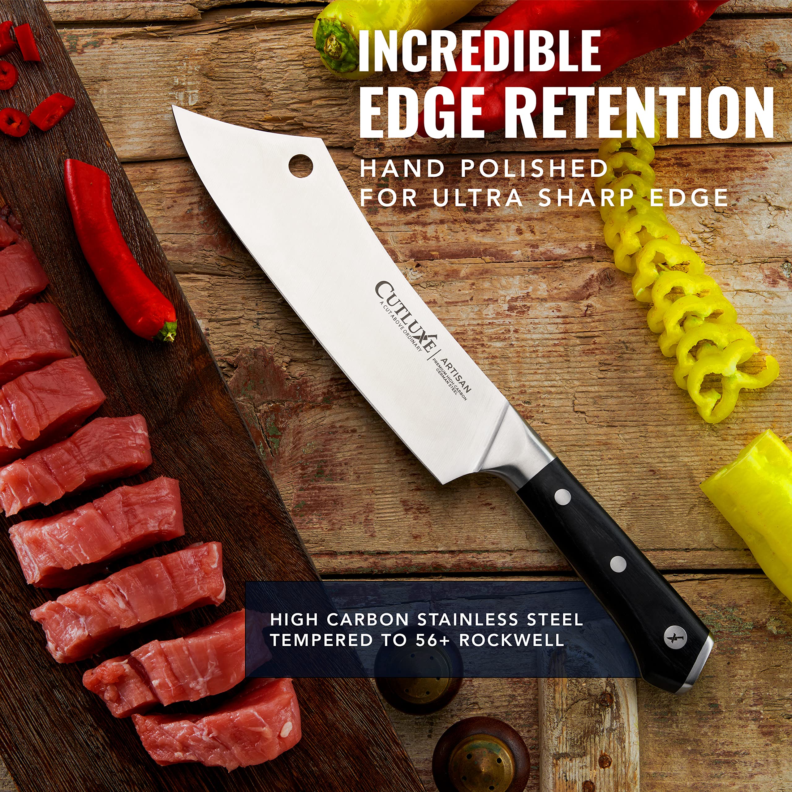 Cutluxe cleaver edge angle close-up demonstrating precise cut benefit