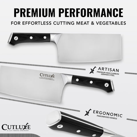 Cutluxe cleaver edge closeup highlighting razor-sharp German steel edge benefit