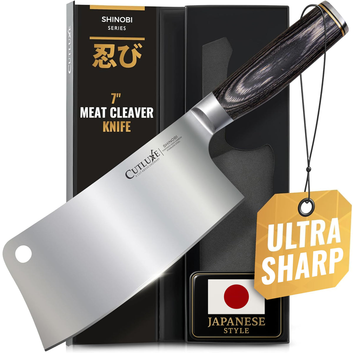 Cutluxe cleaver front view showing blade and pakkawood handle for reliable control