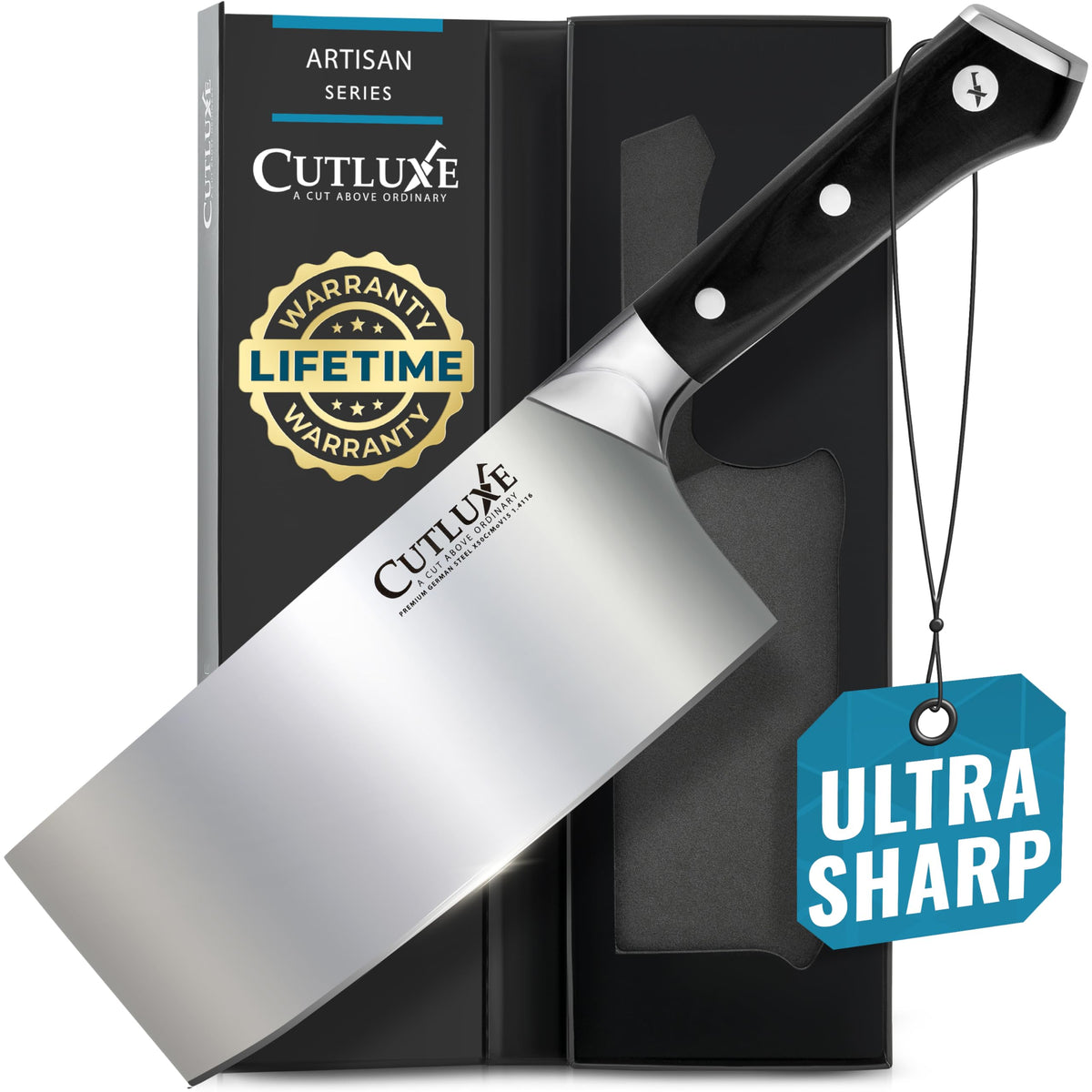 Cutluxe cleaver front view showing balanced profile and blade for control