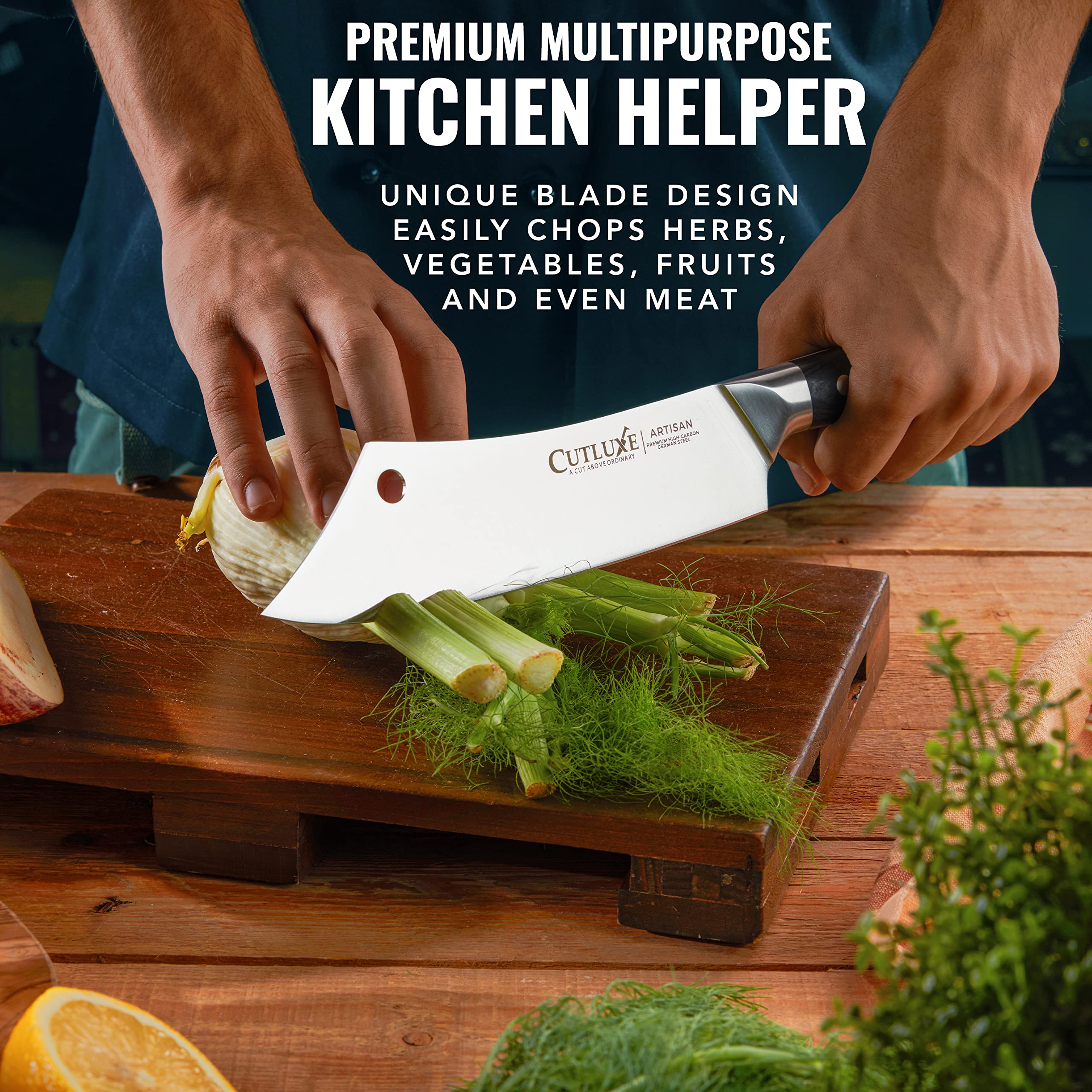 Cutluxe blade side grooves close-up reducing food stick benefit