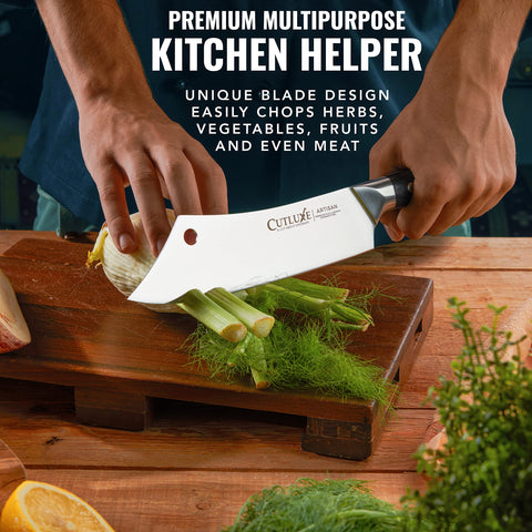 Cutluxe blade side grooves close-up reducing food stick benefit