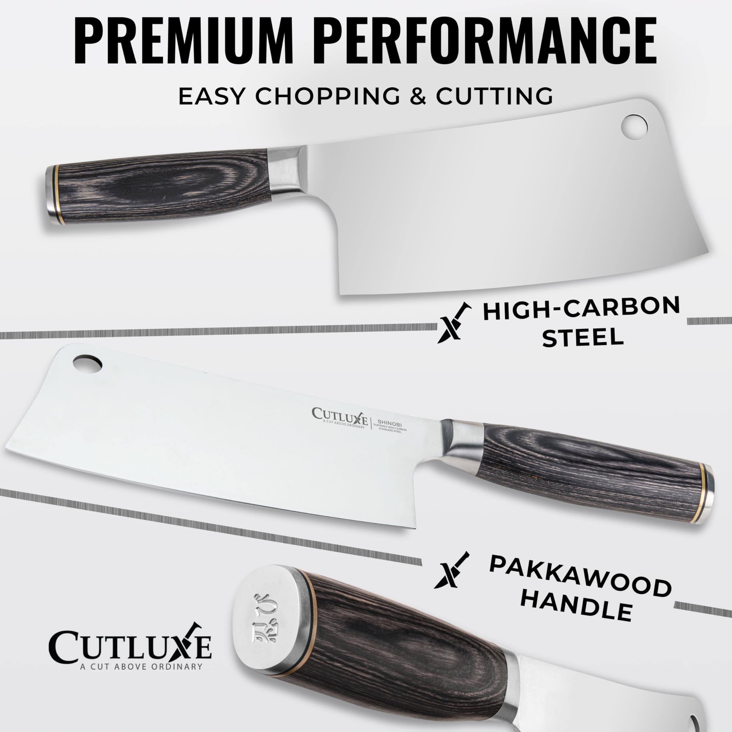 Cutluxe handle close-up highlighting pakkawood grip for comfortable handling