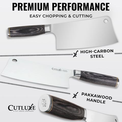 Cutluxe handle close-up highlighting pakkawood grip for comfortable handling