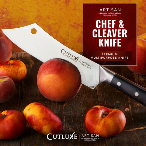 Cutluxe cleaver in kitchen use cutting meat showing control benefit