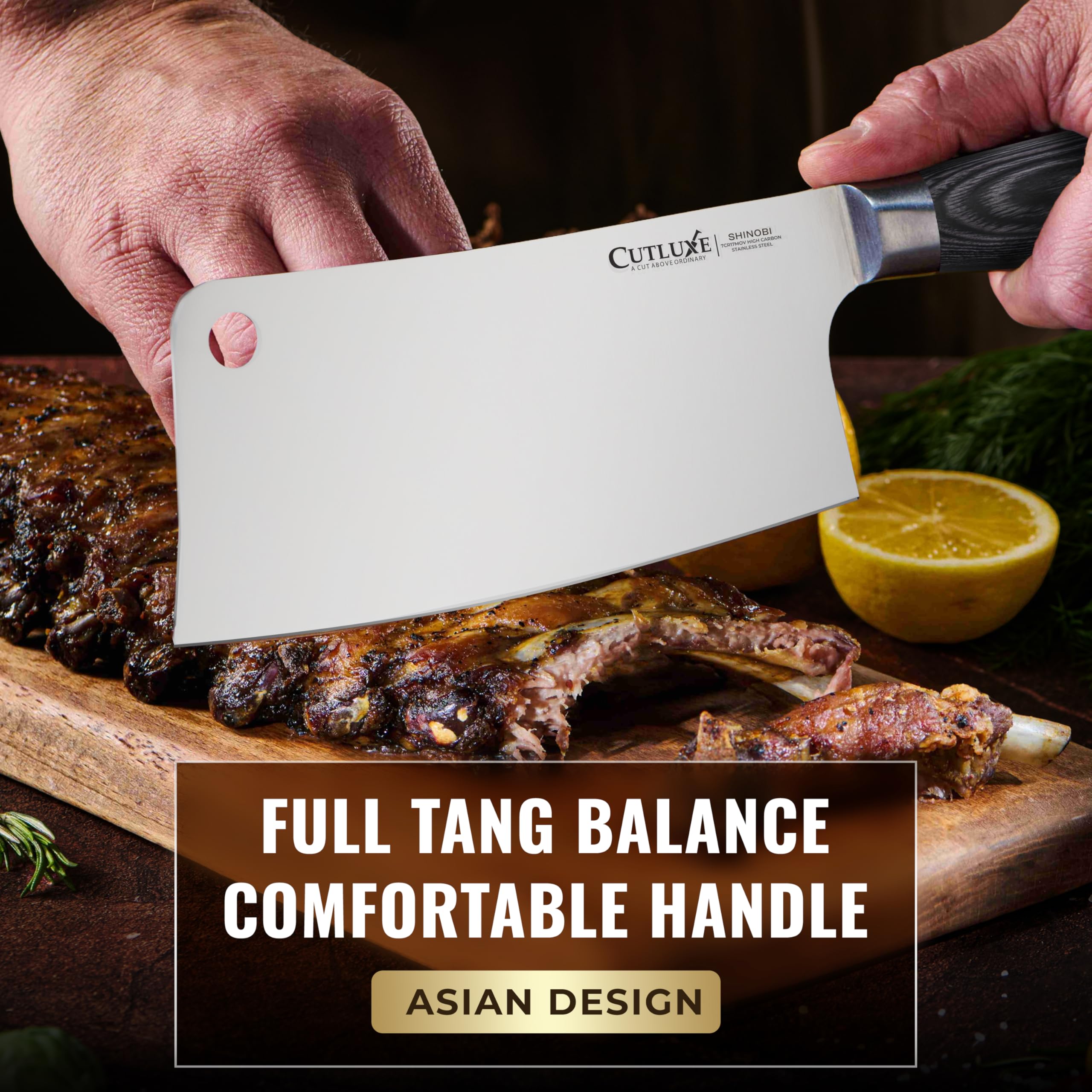 Cutluxe cleaver chopping meat showing power and balance for heavy-duty prep
