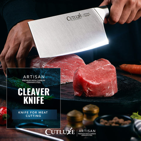 Cutluxe cleaver in use chopping meat demonstrating power and precision