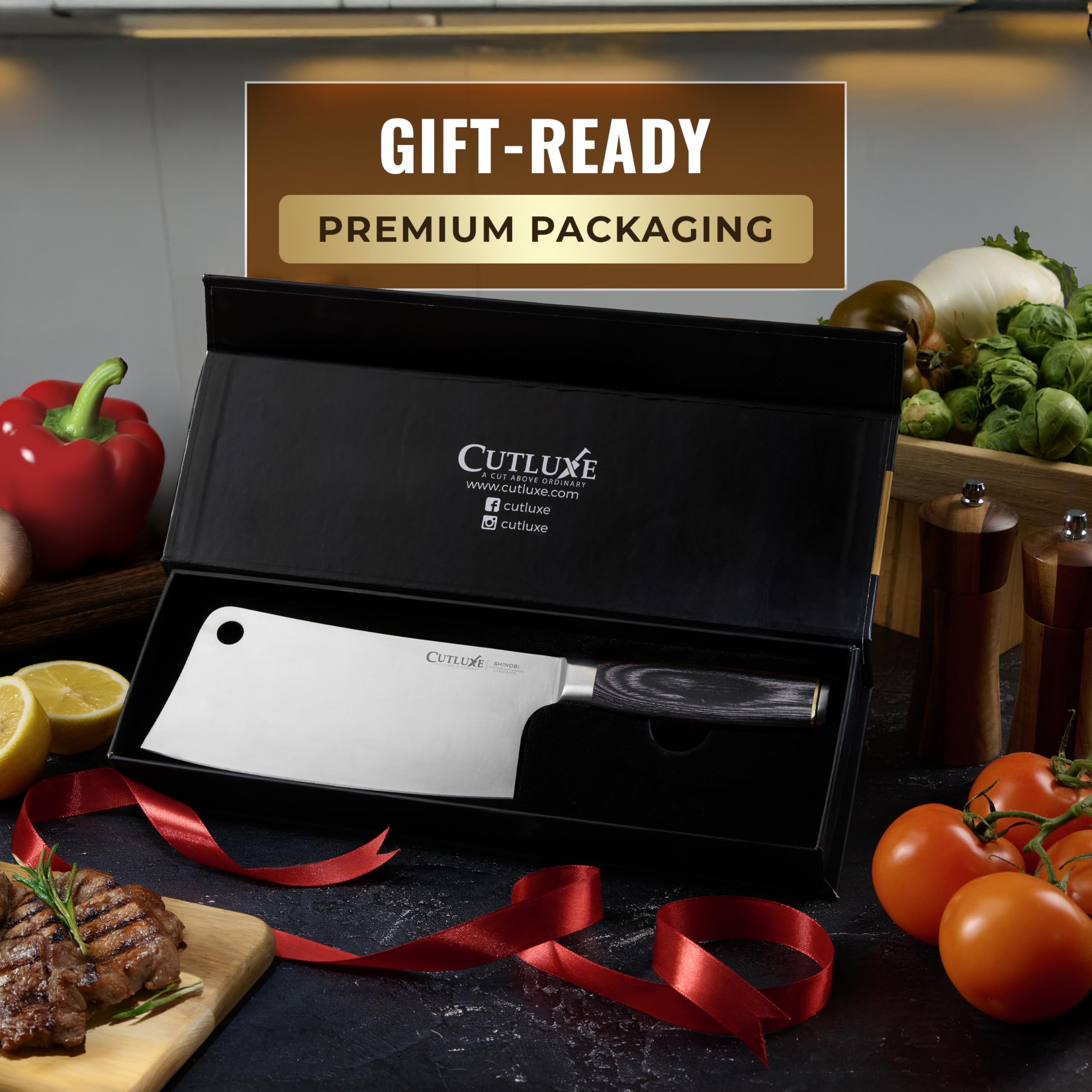 Cutluxe cleaver on kitchen counter styled for professional home cooking appeal