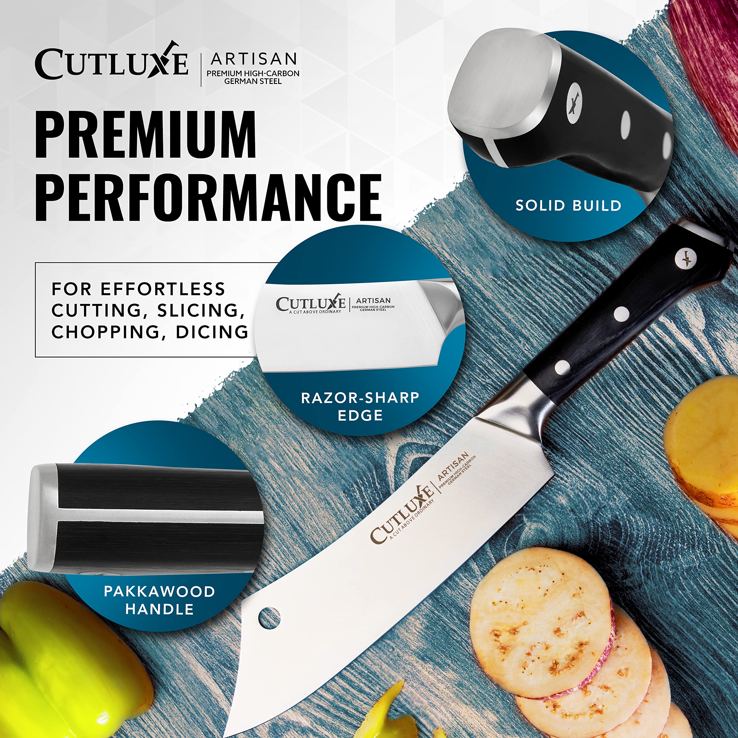 Cutluxe cleaver on wooden board in lifestyle shot showing ready-to-use benefit