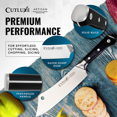 Cutluxe cleaver on wooden board in lifestyle shot showing ready-to-use benefit