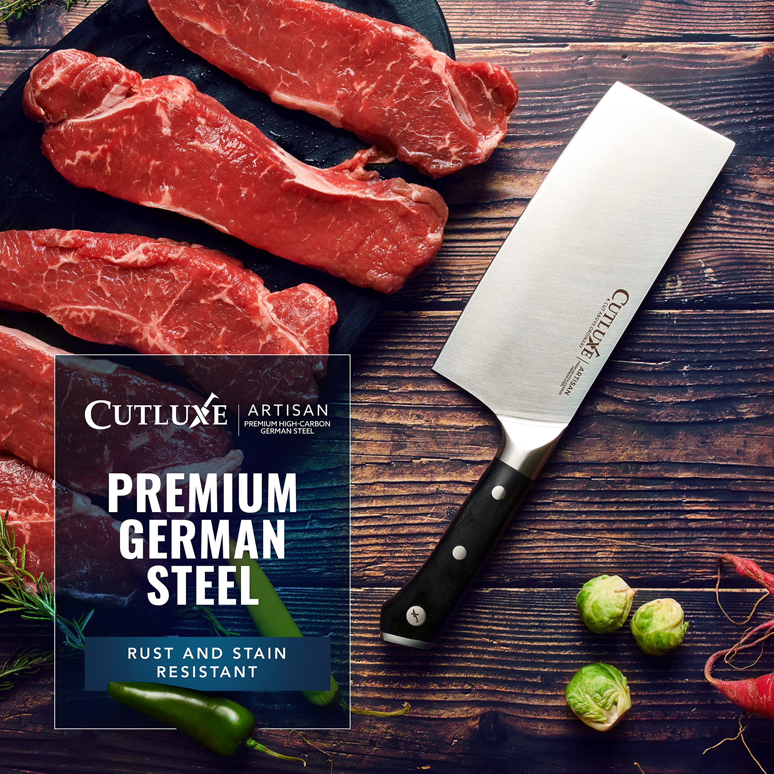 Cutluxe cleaver packaging and warranty card showing included lifetime warranty