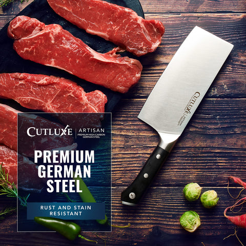 Cutluxe cleaver packaging and warranty card showing included lifetime warranty