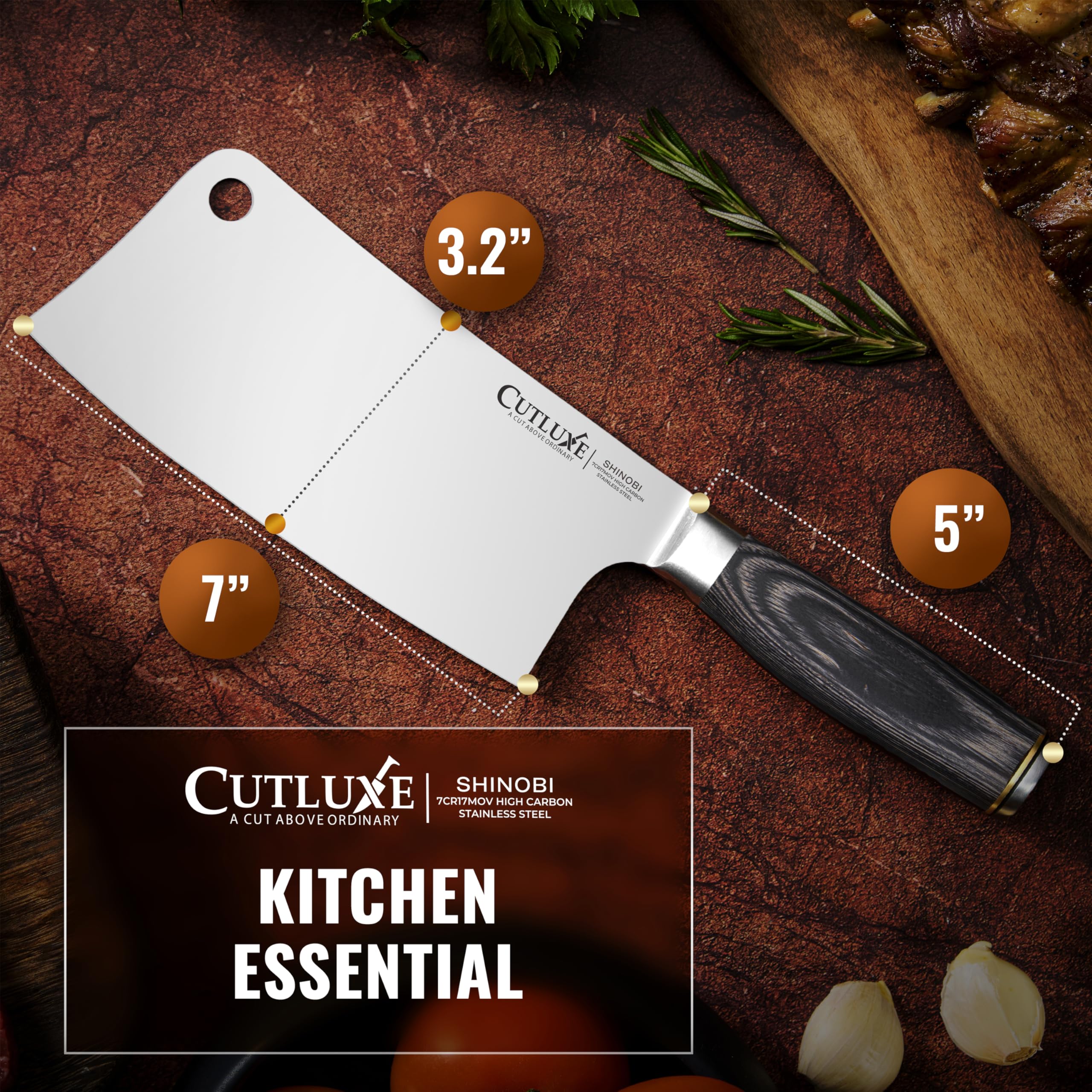 Cutluxe cleaver next to ruler showing 7-inch blade for accurate size reference