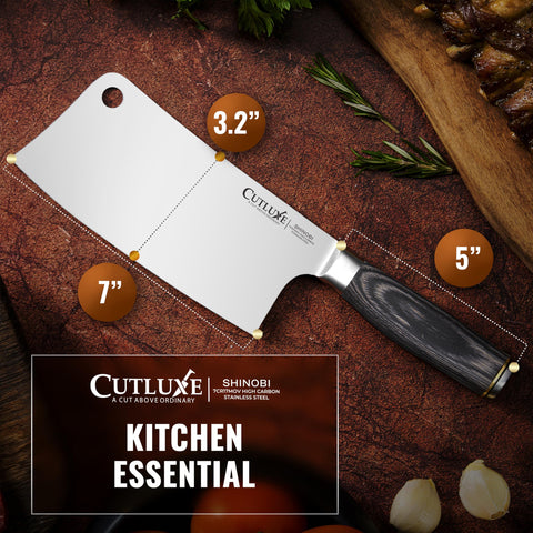 Cutluxe cleaver next to ruler showing 7-inch blade for accurate size reference