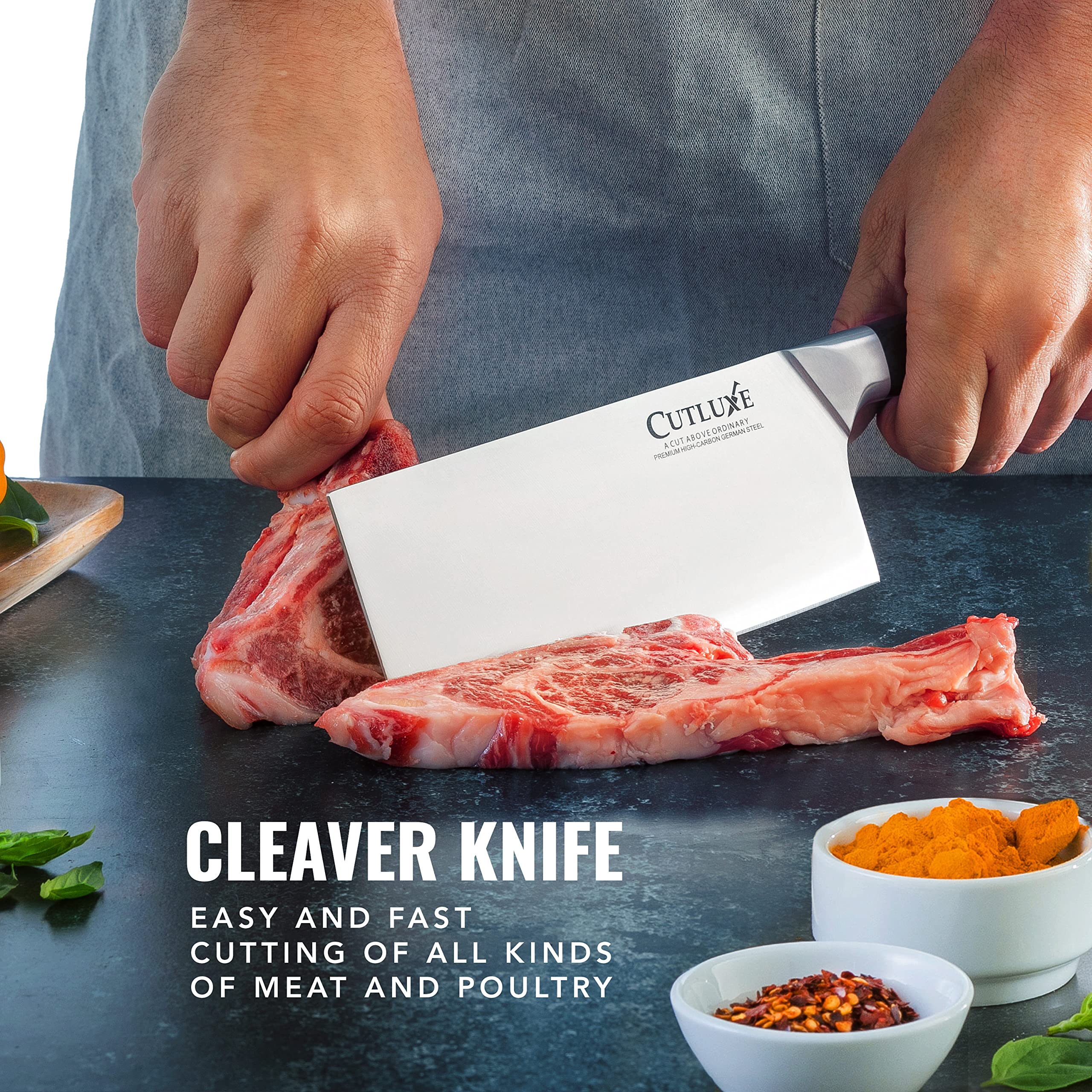 Cutluxe cleaver scale comparison displaying compact 7-inch size advantage