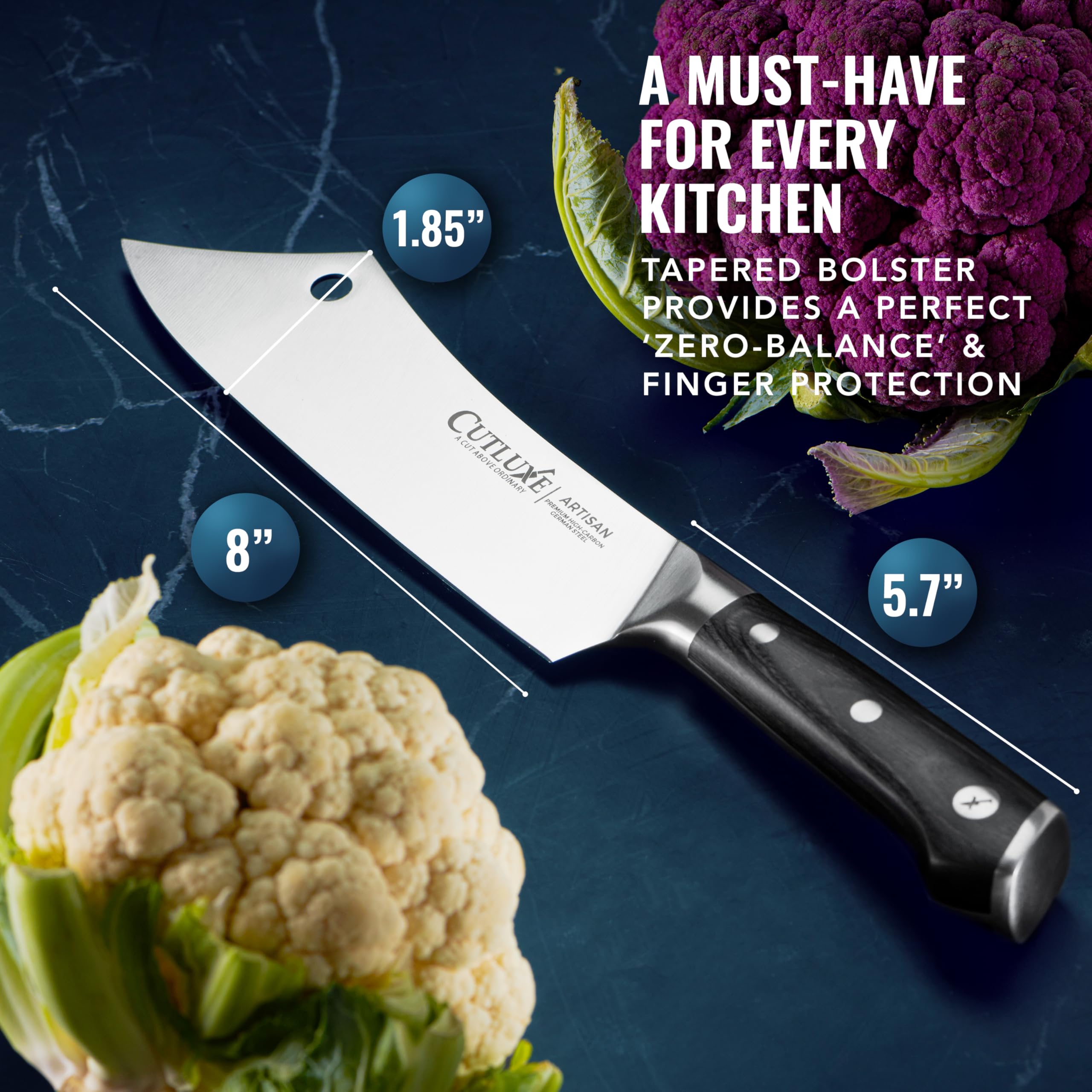 Cutluxe cleaver size comparison beside ruler showing scale benefit