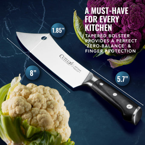 Cutluxe cleaver size comparison beside ruler showing scale benefit