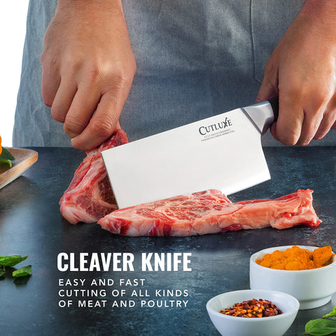 Cutluxe cleaver scale comparison displaying compact 7-inch size advantage