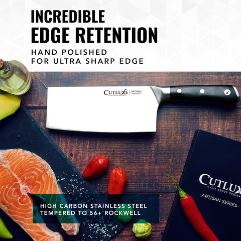 Cutluxe cleaver slicing vegetables showing even cuts and clean results