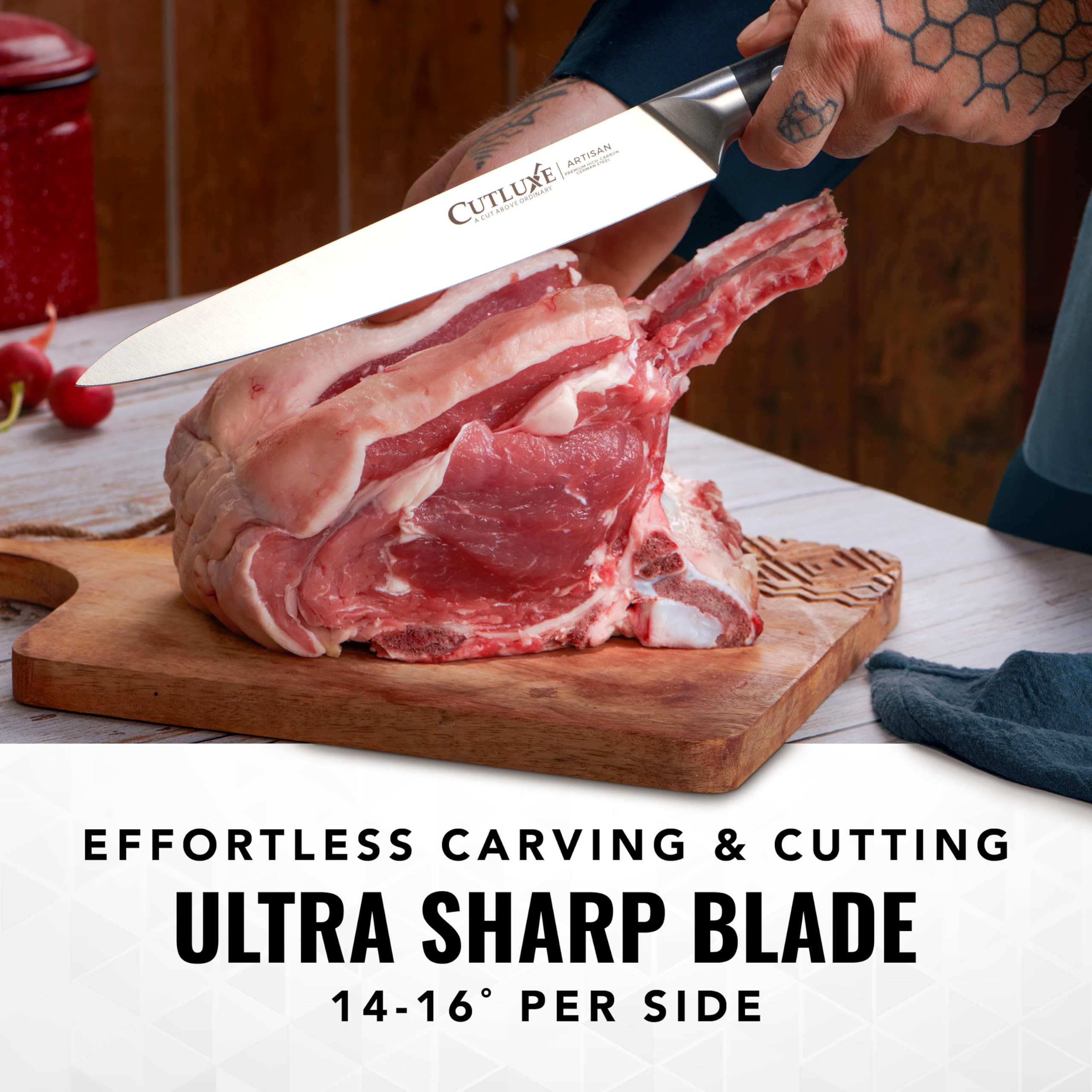 Cutluxe ergonomic handle detail demonstrating secure grip and comfort