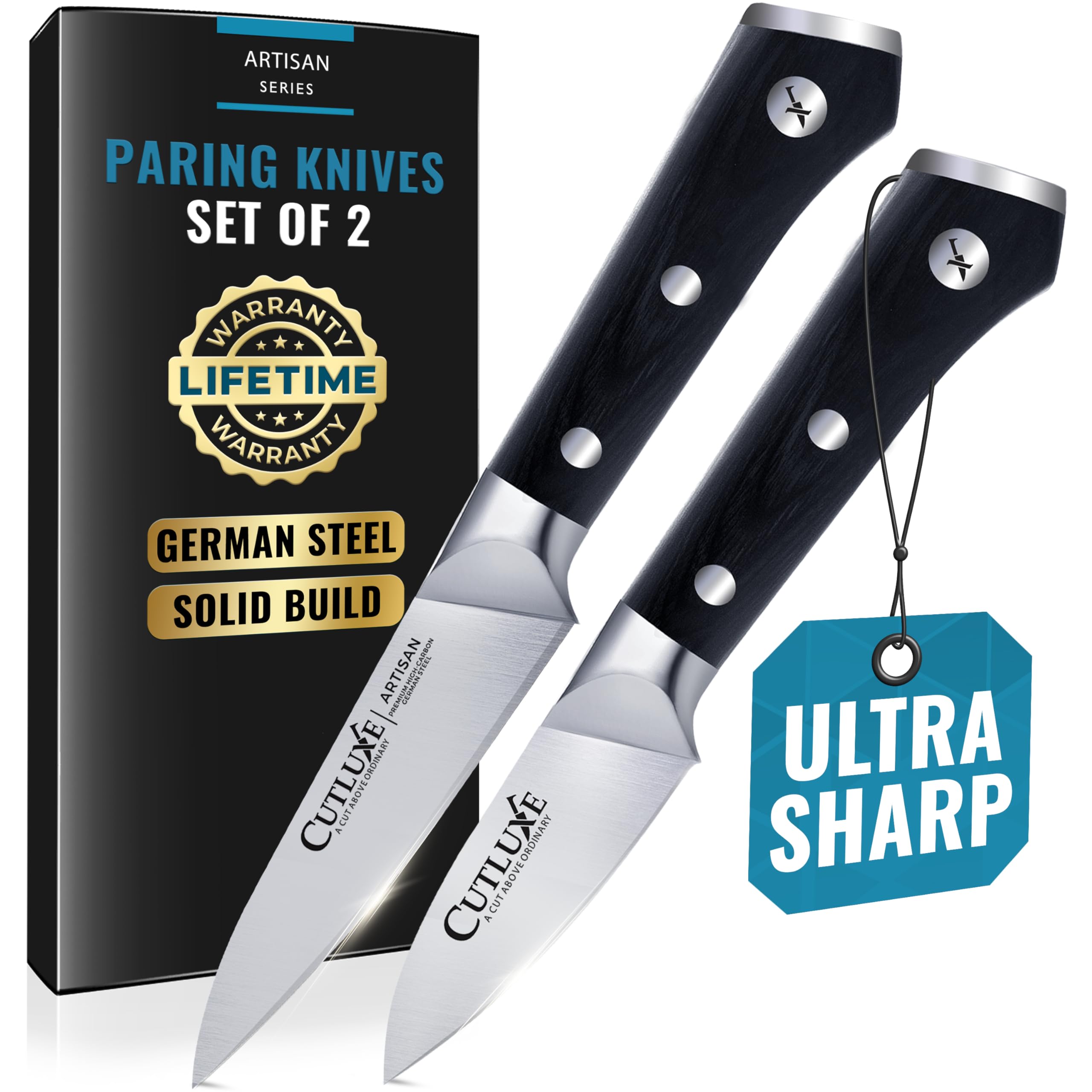 Cutluxe front packaging showing both paring knives and benefits