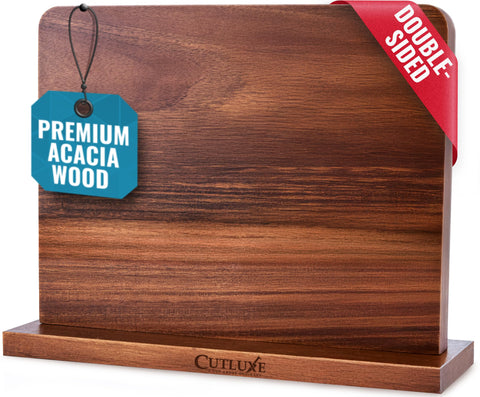 Cutluxe front view acacia knife block showing neat countertop storage benefit