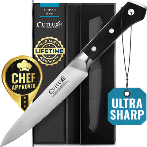 Cutluxe front view petty knife showing balanced profile and blade benefit
