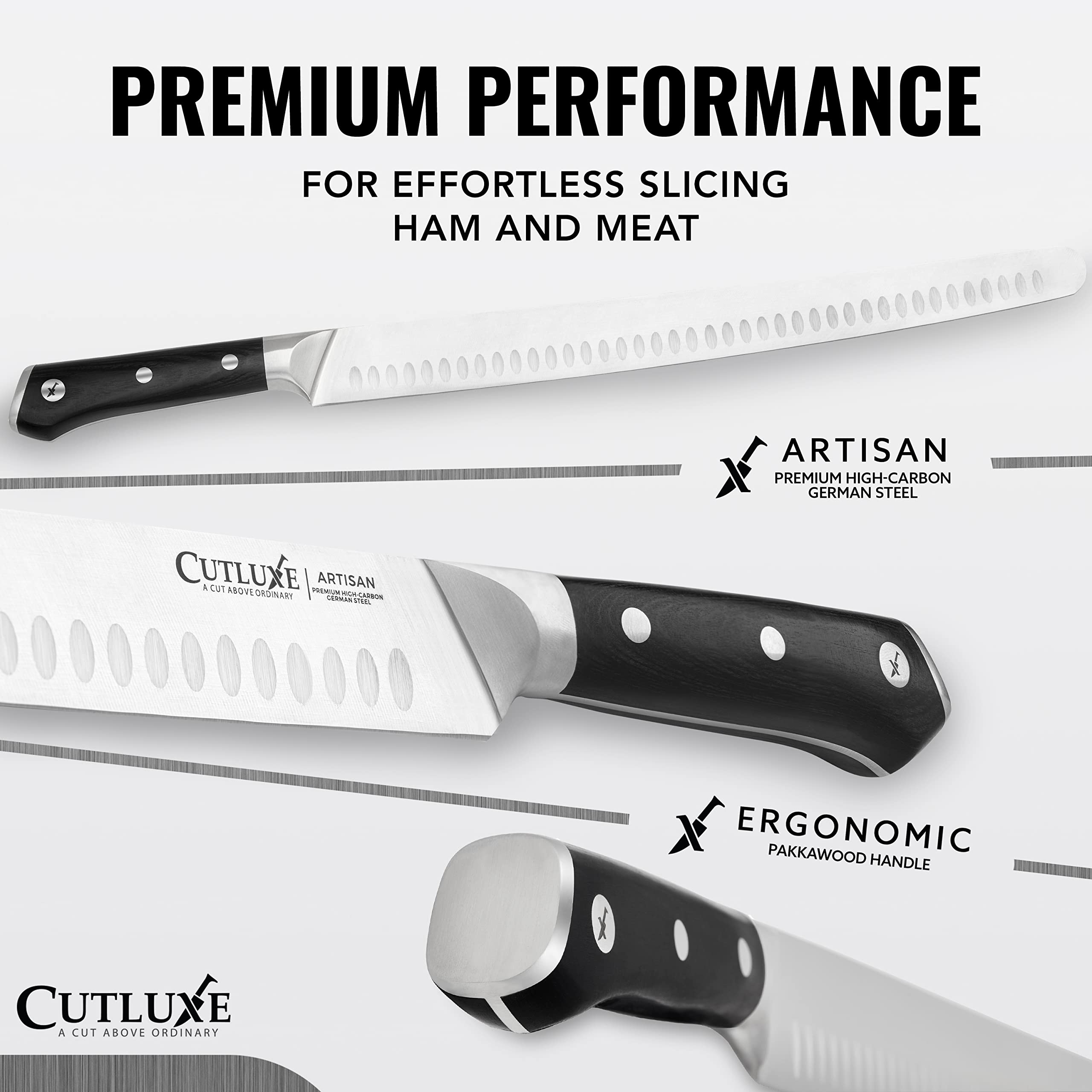 Cutluxe Granton scalloped edge close-up reducing drag for cleaner slices