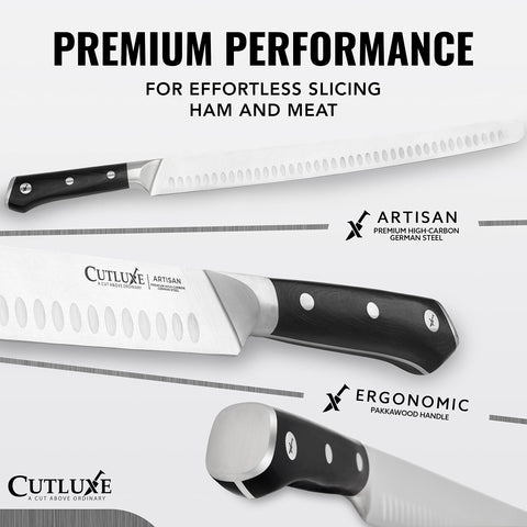 Cutluxe Granton scalloped edge close-up reducing drag for cleaner slices