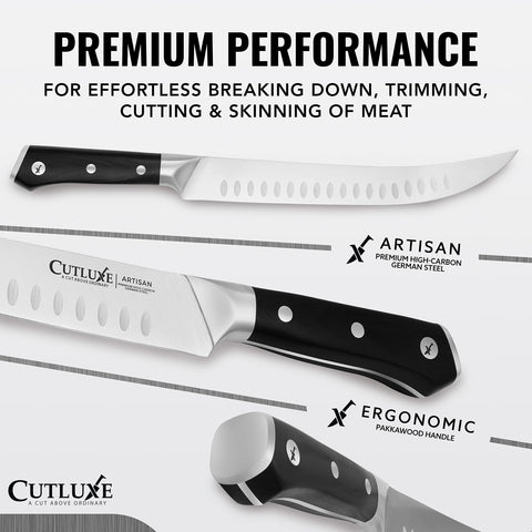 Cutluxe Granton edge closeup highlighting scallops that reduce sticking and friction