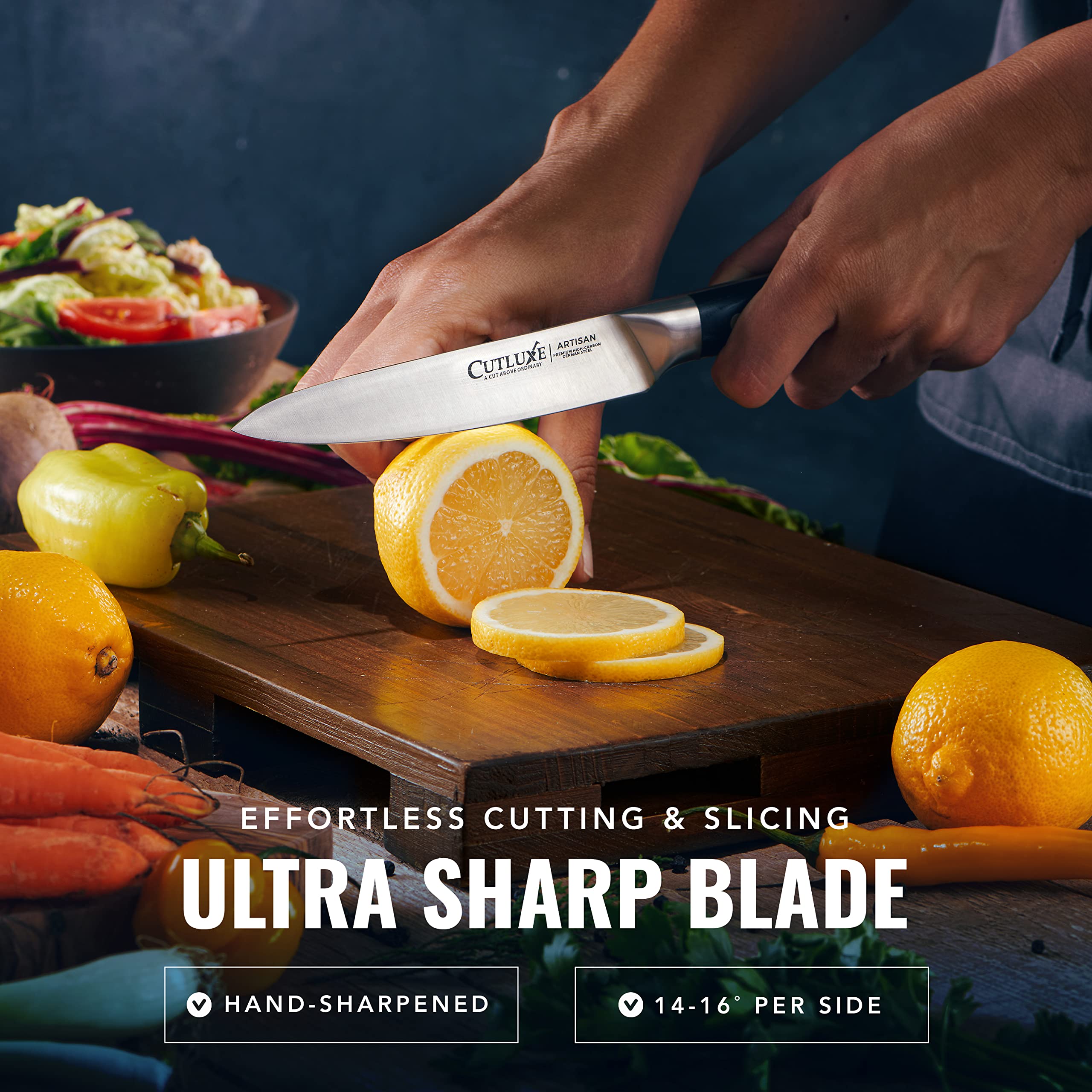 Cutluxe pakkawood handle detail offering secure grip and comfort benefit