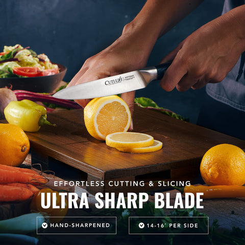 Cutluxe pakkawood handle detail offering secure grip and comfort benefit
