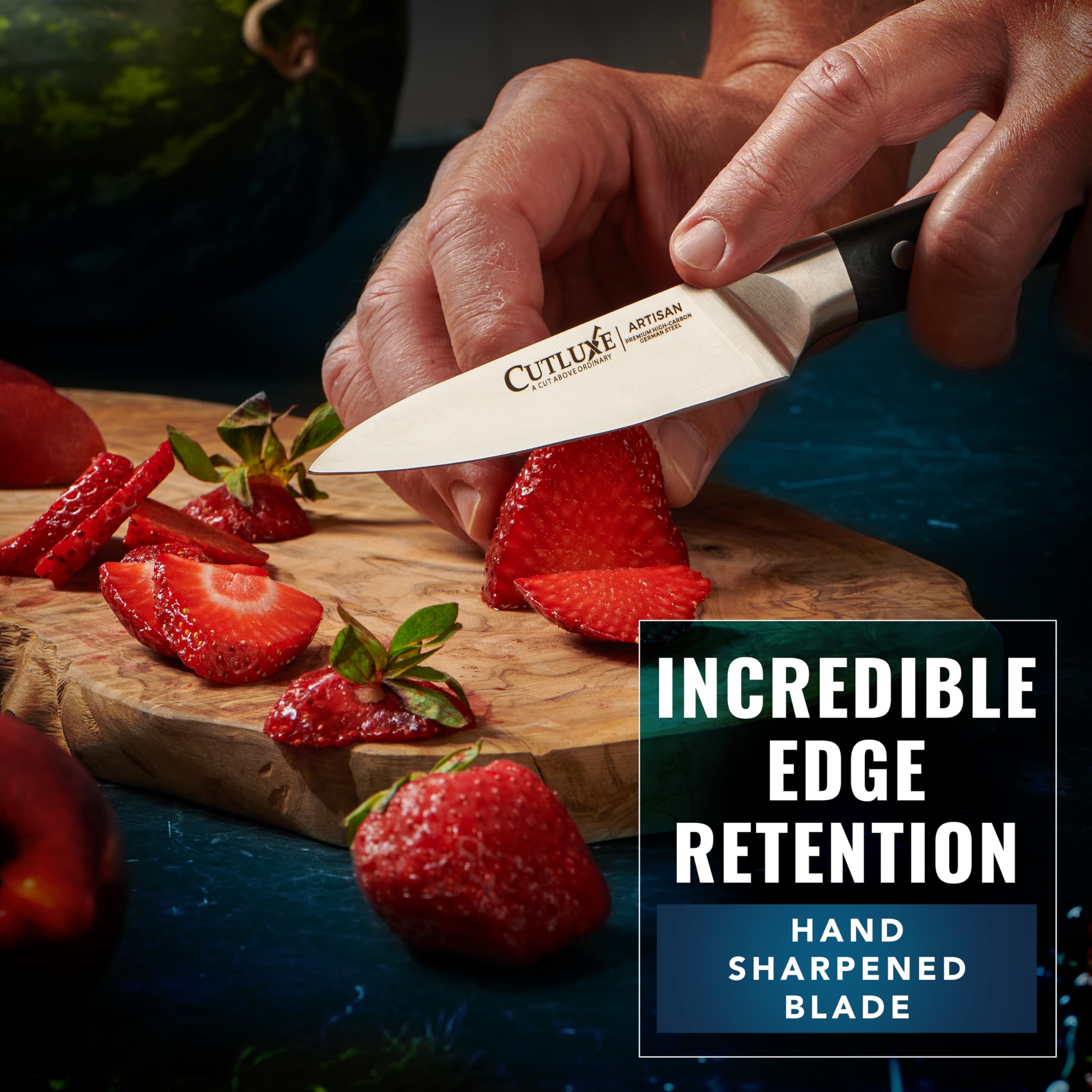 Cutluxe pakkawood handle close-up offering ergonomic comfort
