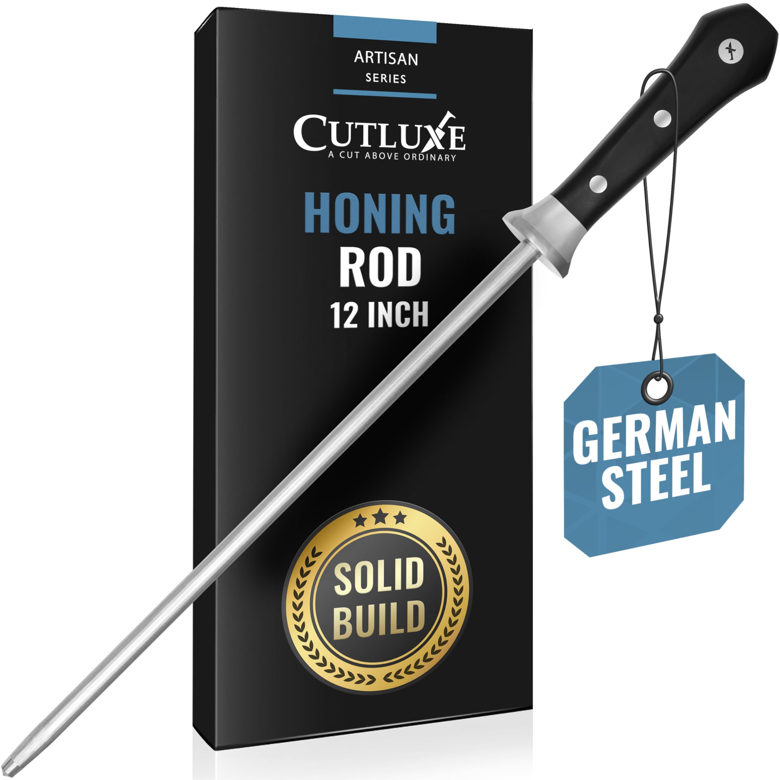 Cutluxe honing rod front view showing full 12-inch carbon steel rod for reliable honing