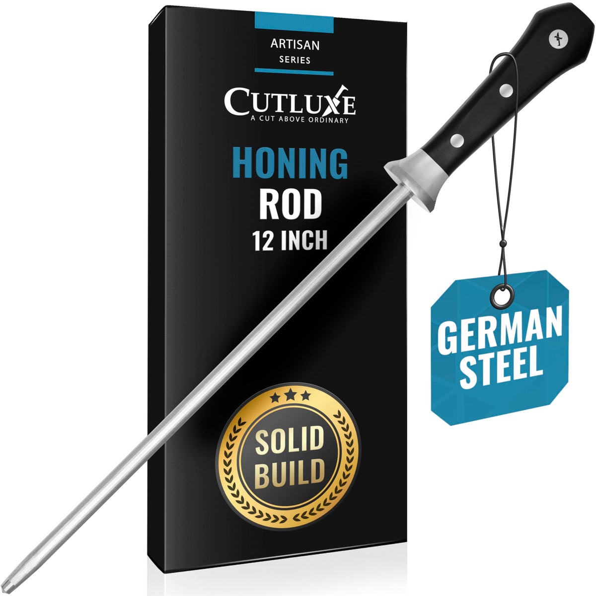 Cutluxe honing rod front view showing full 12-inch carbon steel rod for reliable honing