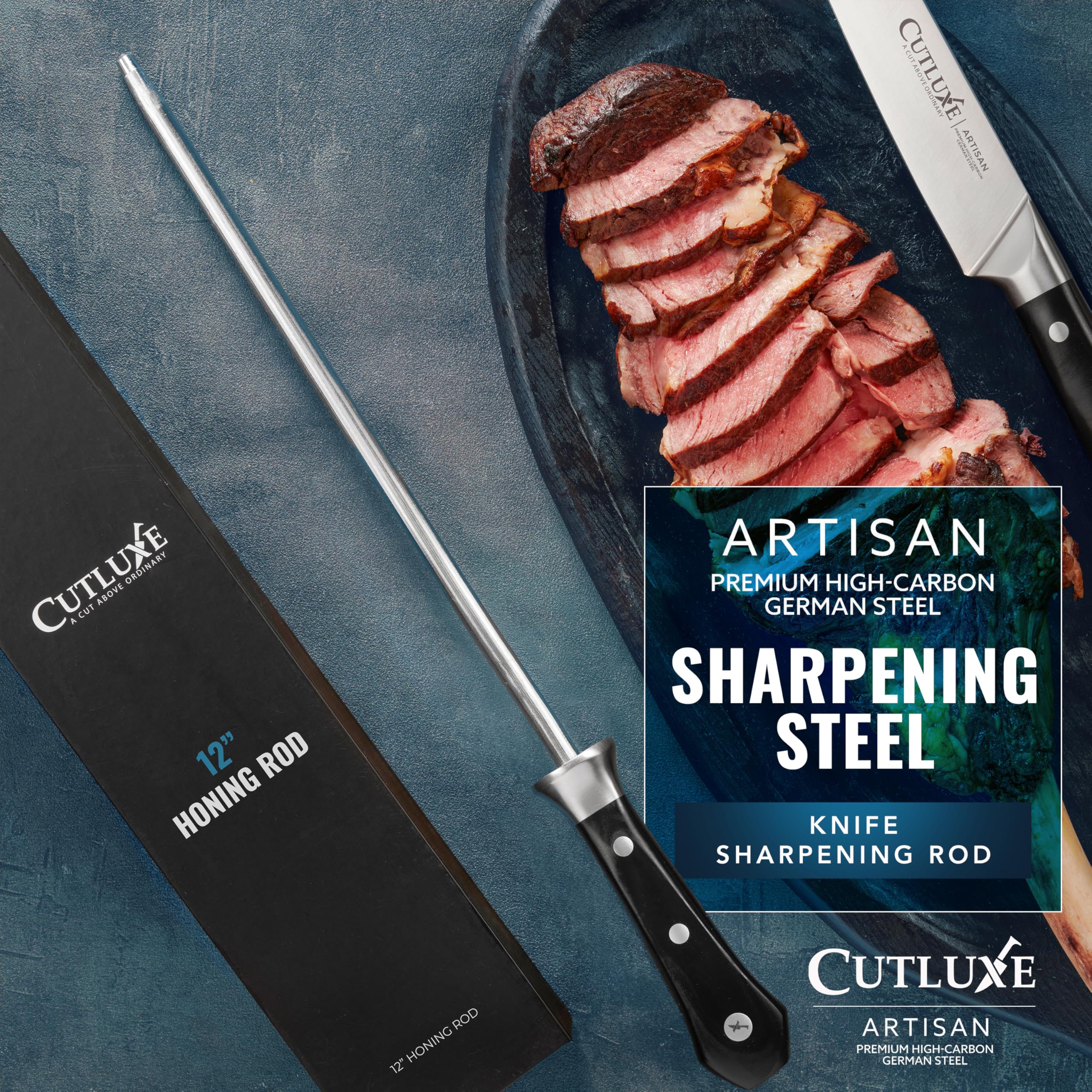 Cutluxe honing rod handle close-up with PakkaWood grip for secure, ergonomic control