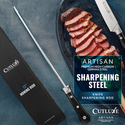 Cutluxe honing rod handle close-up with PakkaWood grip for secure, ergonomic control